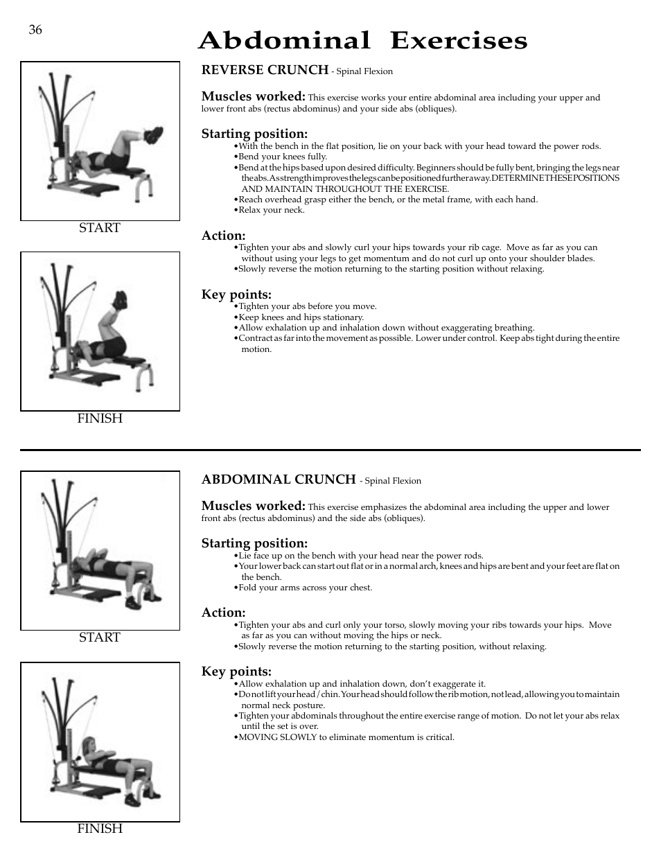 Abdominal exercises, Reverse crunch, Muscles worked | Starting position, Action, Key points, Finish start, 36 finish start abdominal crunch | Bowflex Motivator Strength Training System User Manual | Page 38 / 48