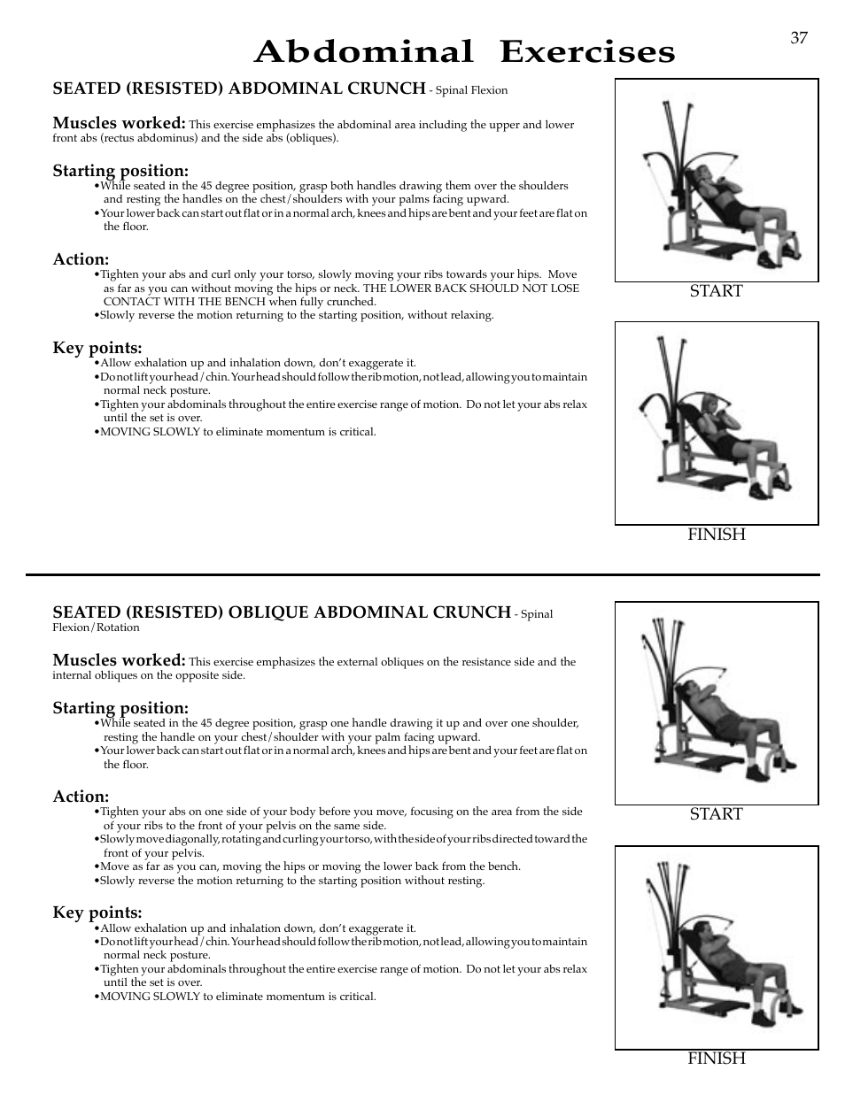 Abdominal exercises, Seated (resisted) abdominal crunch, Muscles worked | Starting position, Action, Key points, Seated (resisted) oblique abdominal crunch, Finish start finish start 37 | Bowflex Motivator Strength Training System User Manual | Page 39 / 48