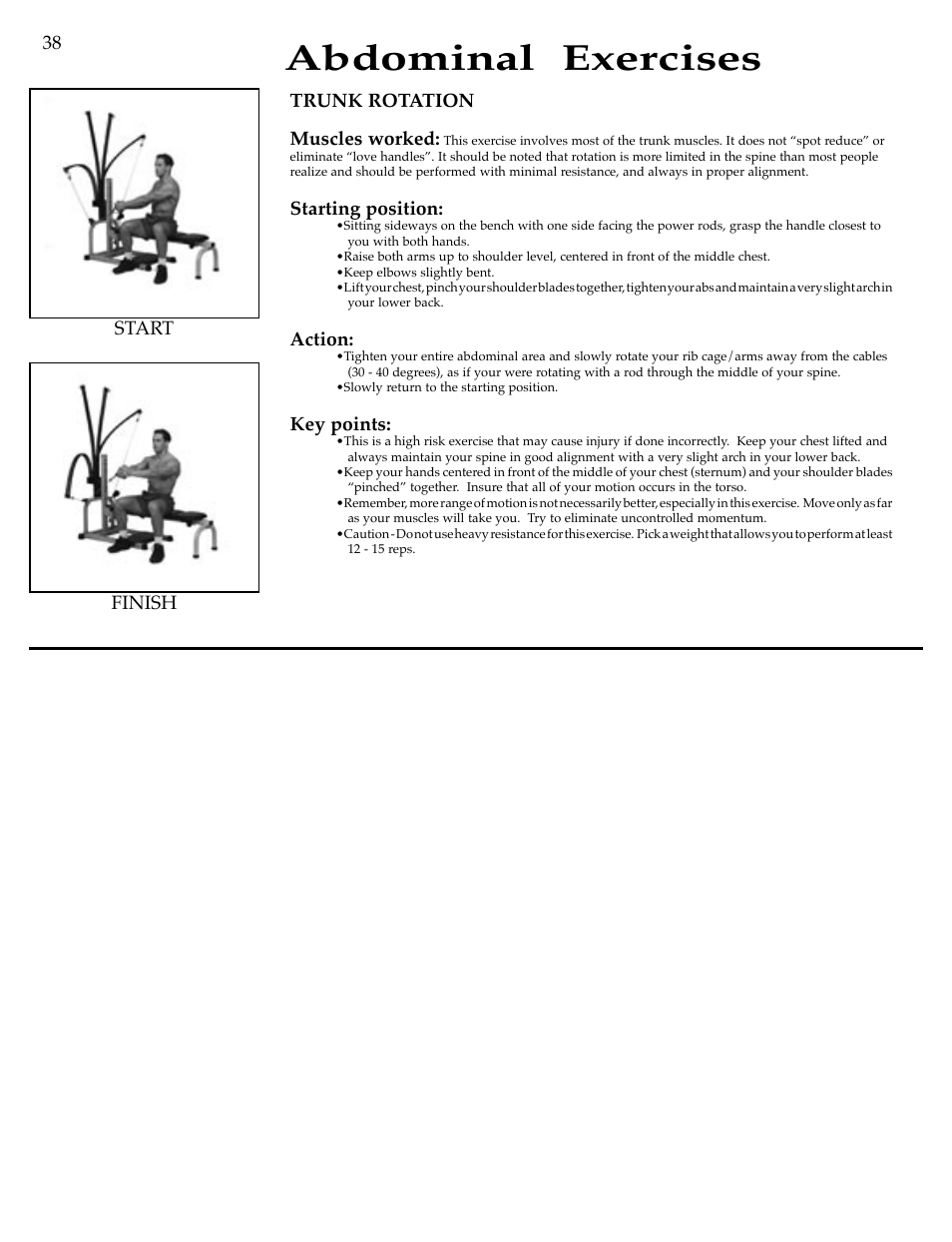 Abdominal exercises, Trunk rotation muscles worked, Starting position | Action, Key points, Finish start | Bowflex Motivator Strength Training System User Manual | Page 40 / 48