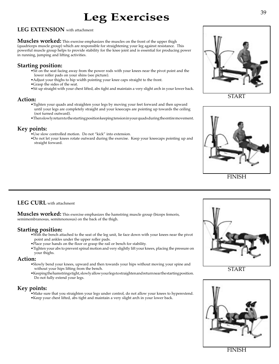 Leg exercises, Finish start finish start, Leg extension | Muscles worked, Starting position, Action, Key points, Leg curl | Bowflex Motivator Strength Training System User Manual | Page 41 / 48