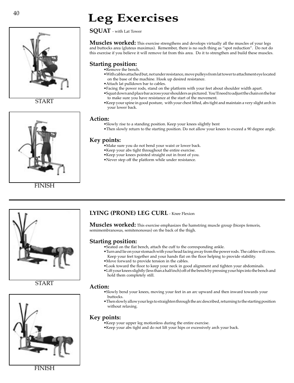Leg exercises, Squat, Muscles worked | Starting position, Action, Key points, Lying (prone) leg curl, Finish start finish start | Bowflex Motivator Strength Training System User Manual | Page 42 / 48
