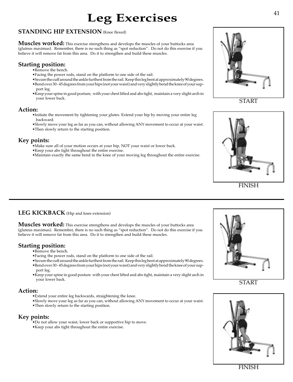 Leg exercises, Standing hip extension, Muscles worked | Starting position, Action, Key points, Finish start 41 finish start leg kickback | Bowflex Motivator Strength Training System User Manual | Page 43 / 48