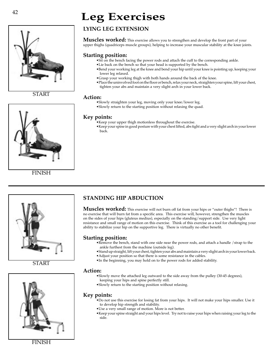 Leg exercises, Lying leg extension muscles worked, Starting position | Action, Key points, Standing hip abduction muscles worked, Finish start finish start | Bowflex Motivator Strength Training System User Manual | Page 44 / 48