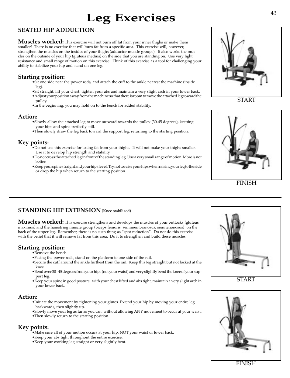 Leg exercises, Finish start seated hip adduction muscles worked, Starting position | Action, Key points, 43 standing hip extension, Muscles worked, Finish start | Bowflex Motivator Strength Training System User Manual | Page 45 / 48