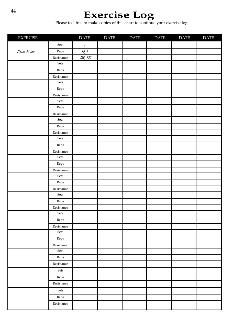 Exercise log | Bowflex Motivator Strength Training System User Manual | Page 46 / 48