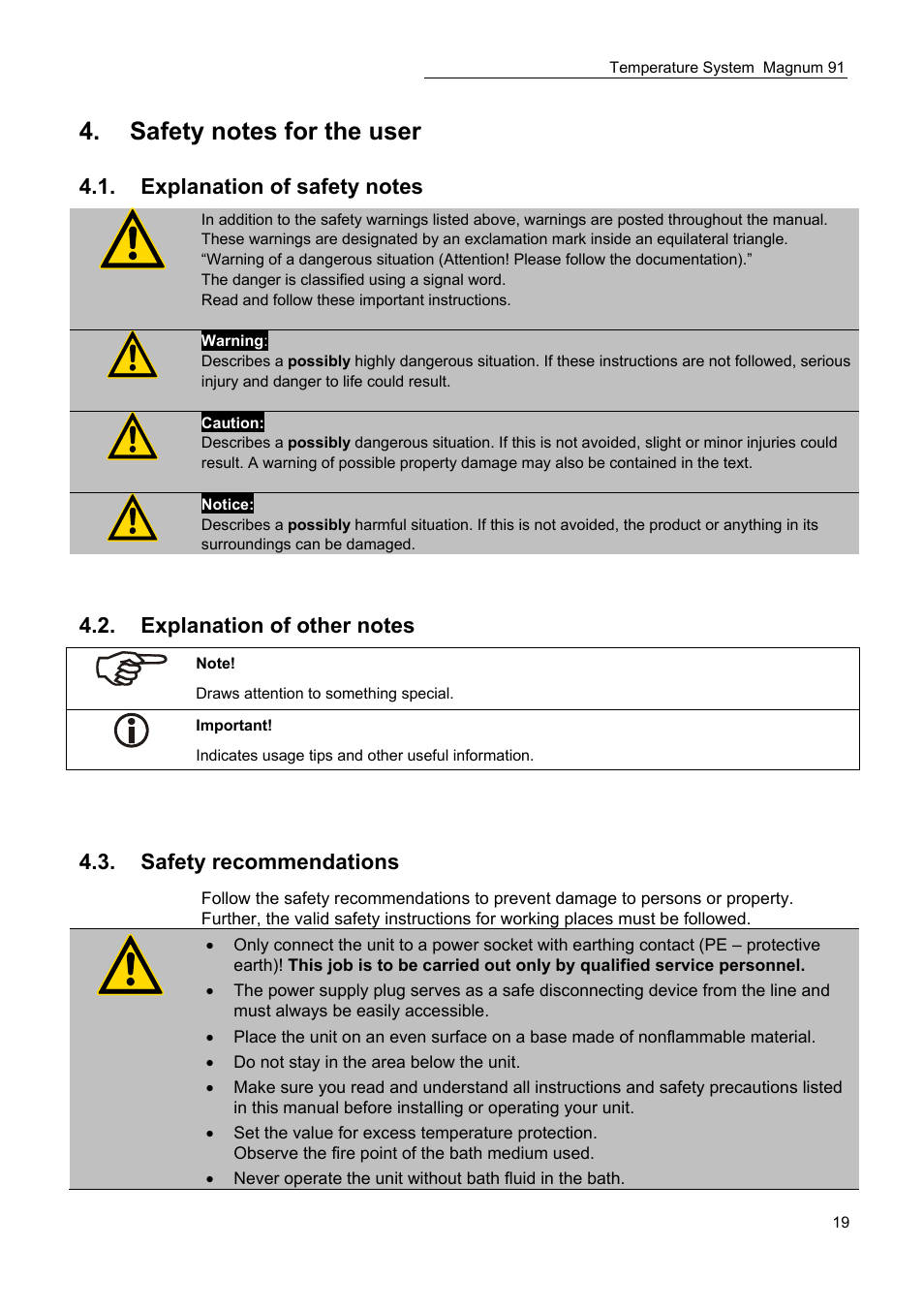 Safety recommendations | JULABO Magnum 91 Temperature System User Manual | Page 19 / 77