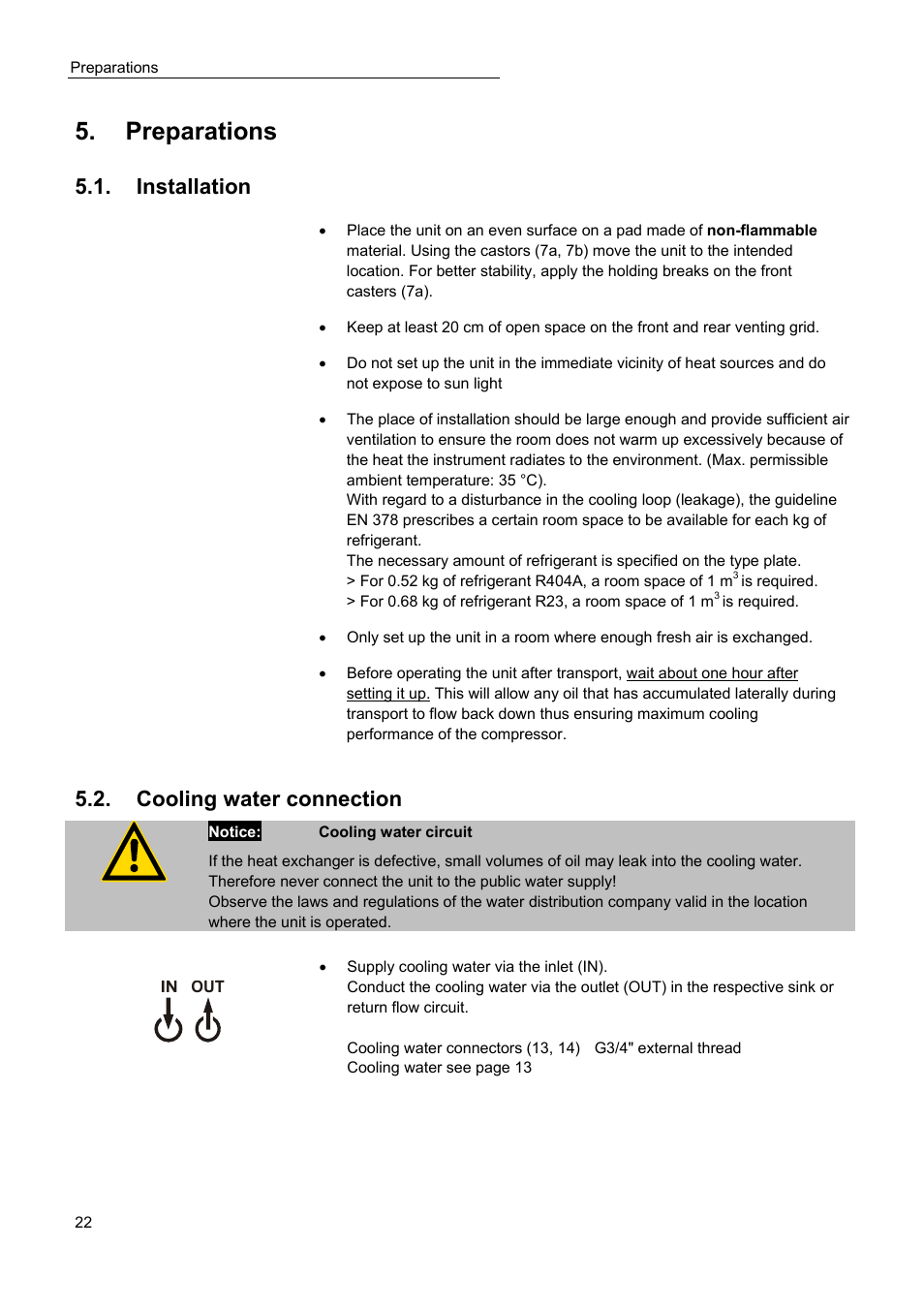 Preparations, Installation, Cooling water connection | JULABO Magnum 91 Temperature System User Manual | Page 22 / 77