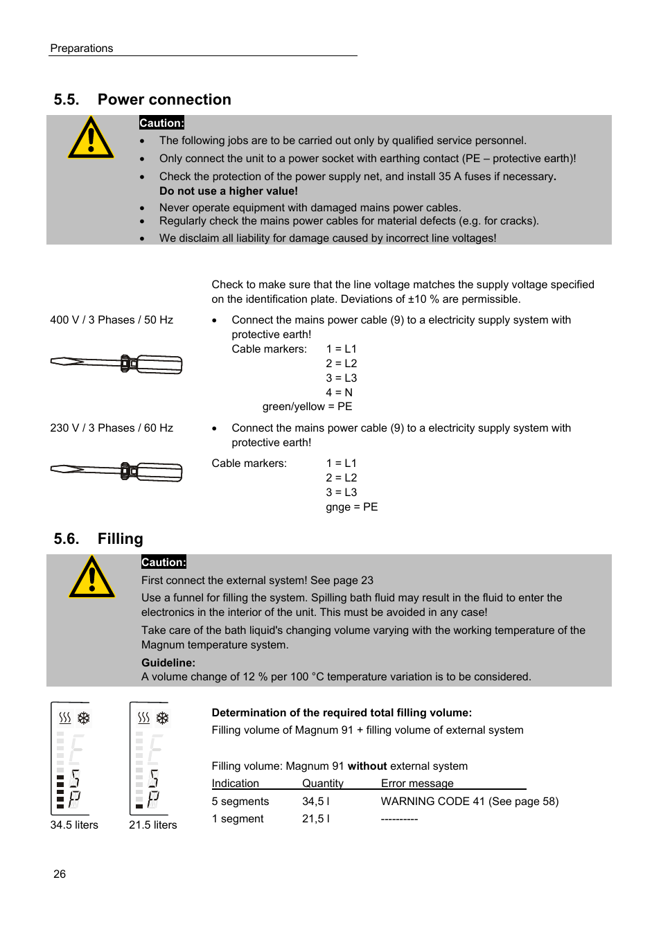 Power connection, Filling | JULABO Magnum 91 Temperature System User Manual | Page 26 / 77