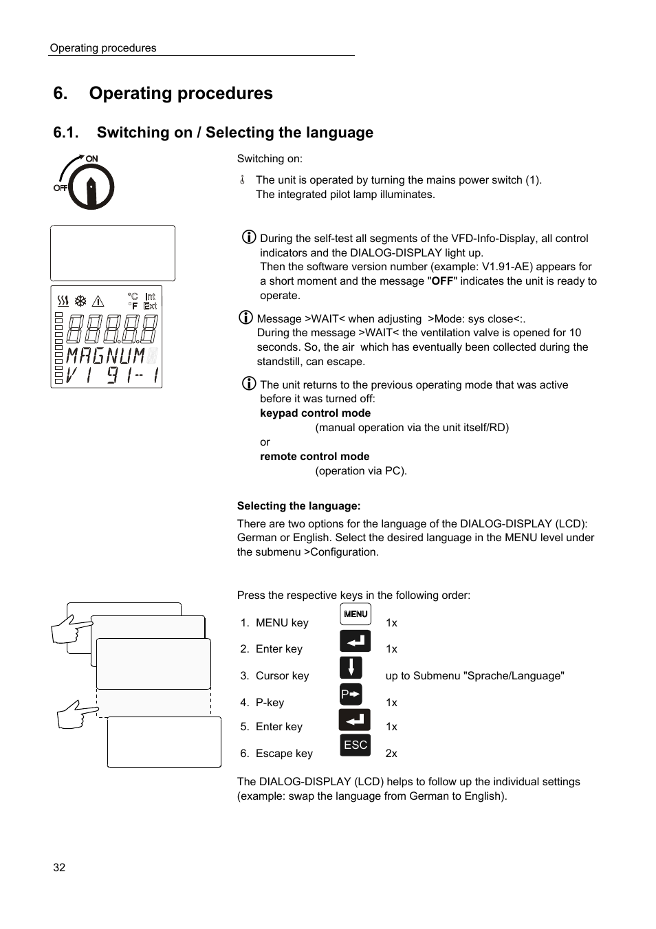 Operating procedures, Switching on / selecting the language | JULABO Magnum 91 Temperature System User Manual | Page 32 / 77