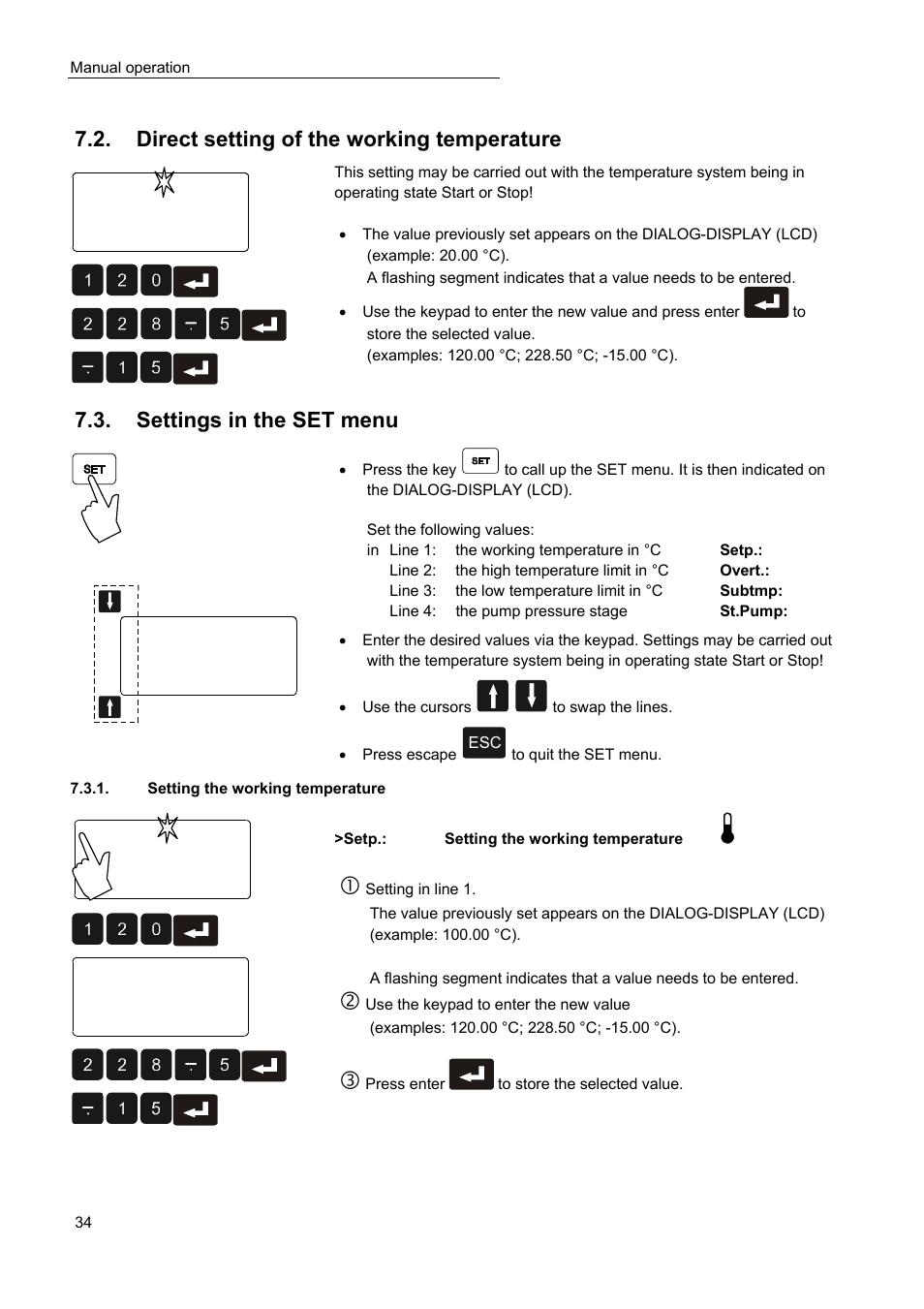 Direct setting of the working temperature, Settings in the set menu | JULABO Magnum 91 Temperature System User Manual | Page 34 / 77
