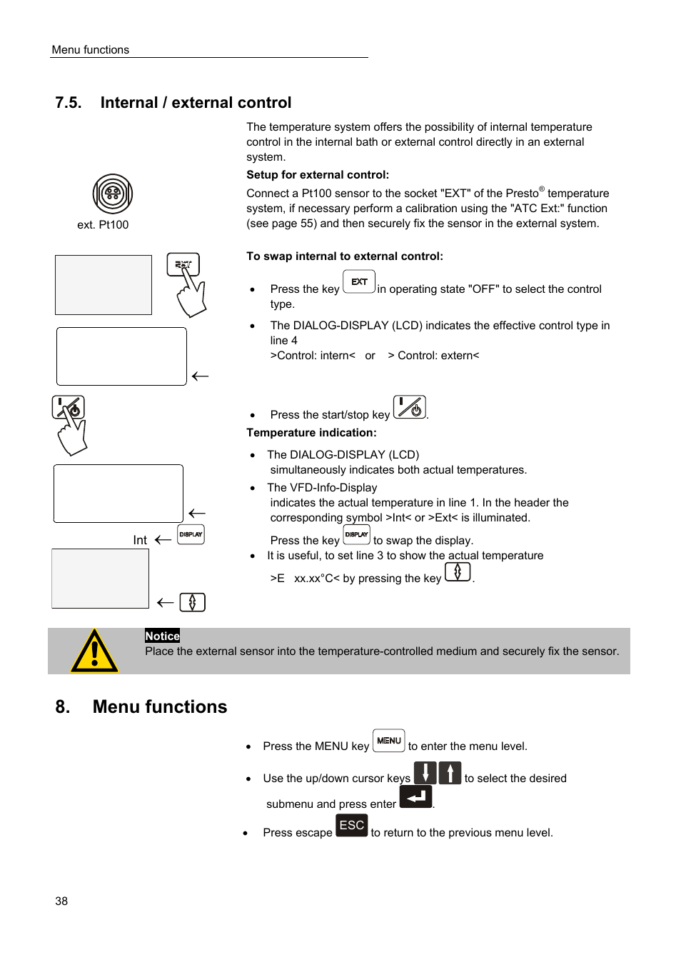 Menu functions, Internal / external control, S xx.xx p x.xx | JULABO Magnum 91 Temperature System User Manual | Page 38 / 77