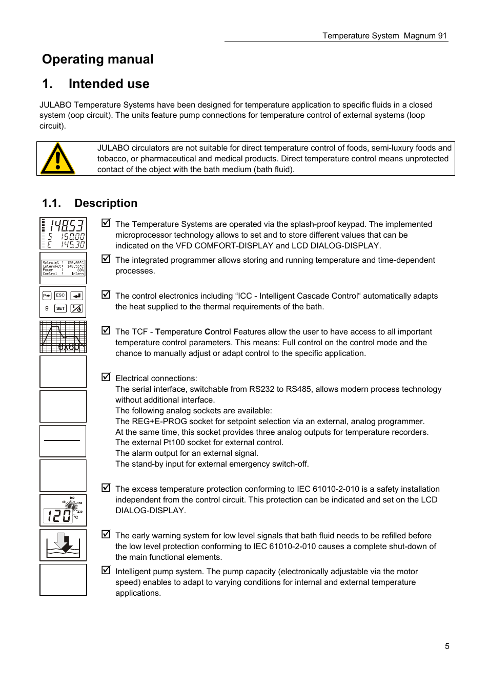 Pt100, Pump, Operating manual 1. intended use | JULABO Magnum 91 Temperature System User Manual | Page 5 / 77