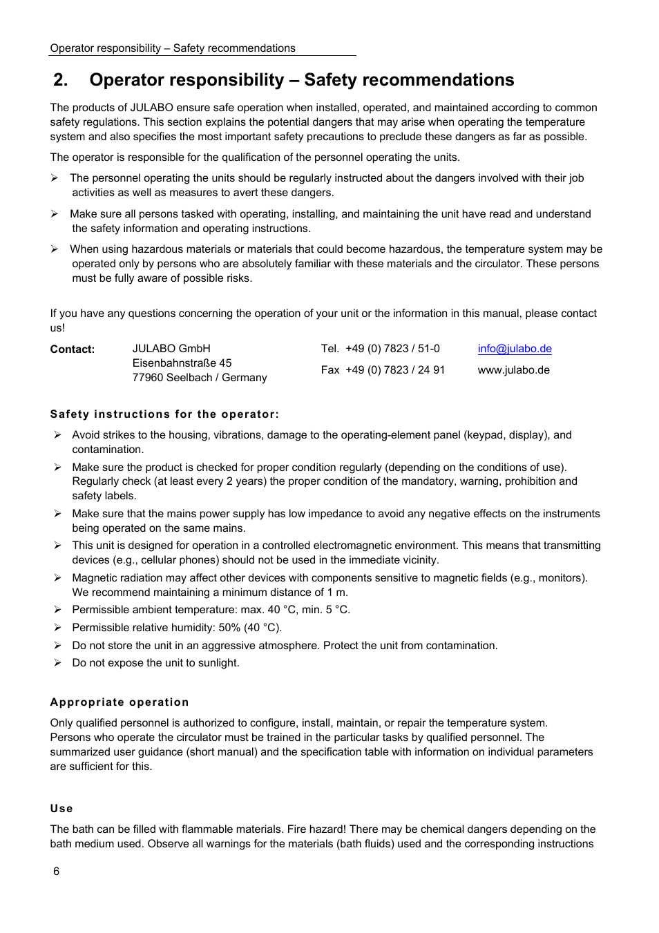 Operator responsibility – safety recommendations | JULABO Magnum 91 Temperature System User Manual | Page 6 / 77