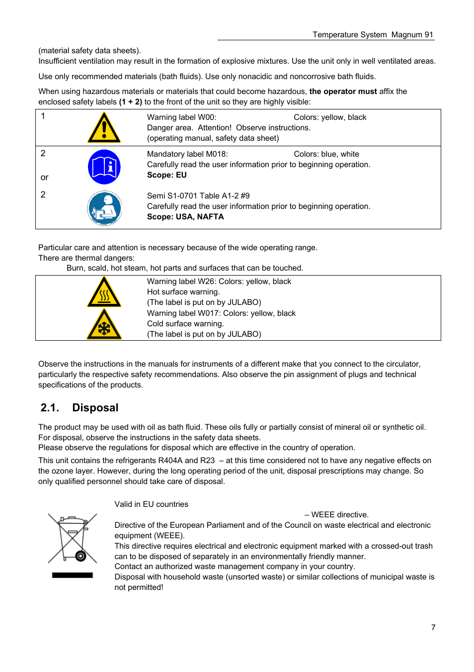 Disposal | JULABO Magnum 91 Temperature System User Manual | Page 7 / 77