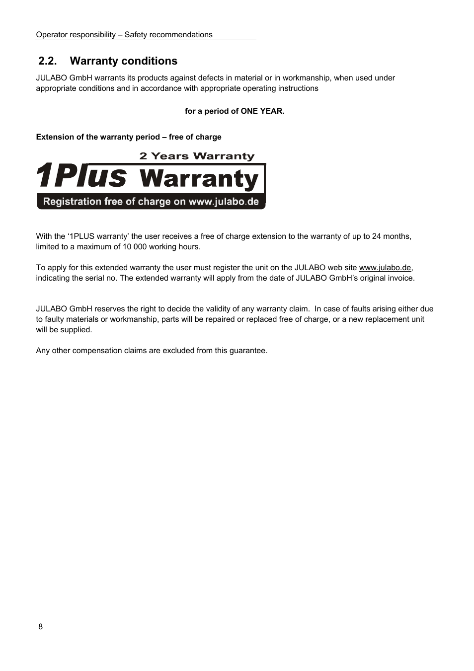 Warranty conditions | JULABO Magnum 91 Temperature System User Manual | Page 8 / 77