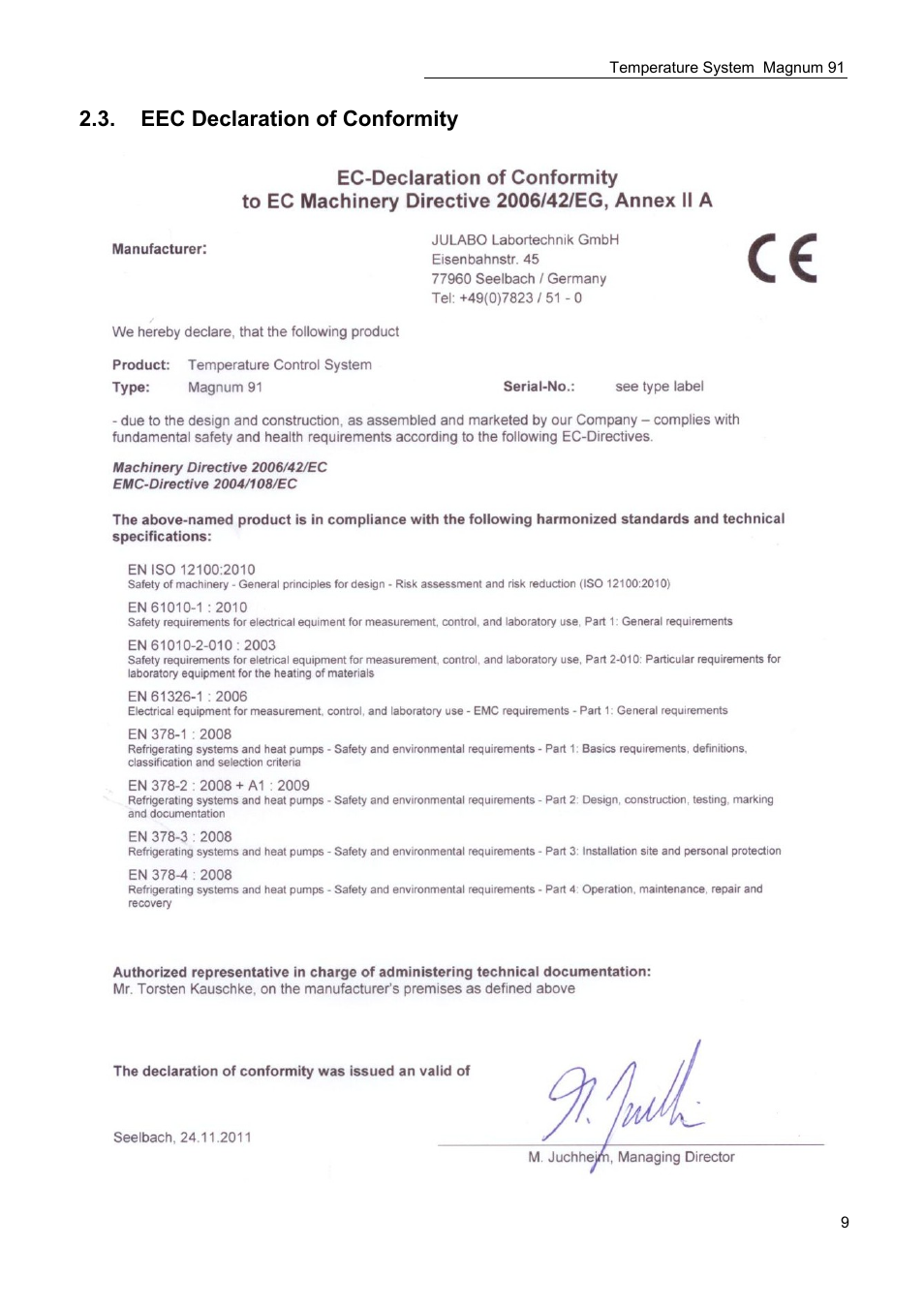 Eec declaration of conformity | JULABO Magnum 91 Temperature System User Manual | Page 9 / 77
