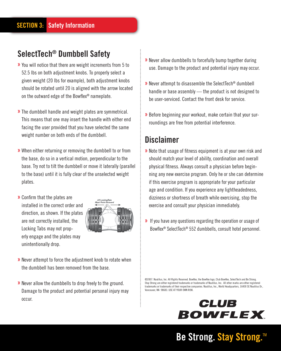 Be strong. stay strong, Selecttech, Dumbbell safety | Disclaimer | Bowflex SELECTTECH 552 User Manual | Page 4 / 7