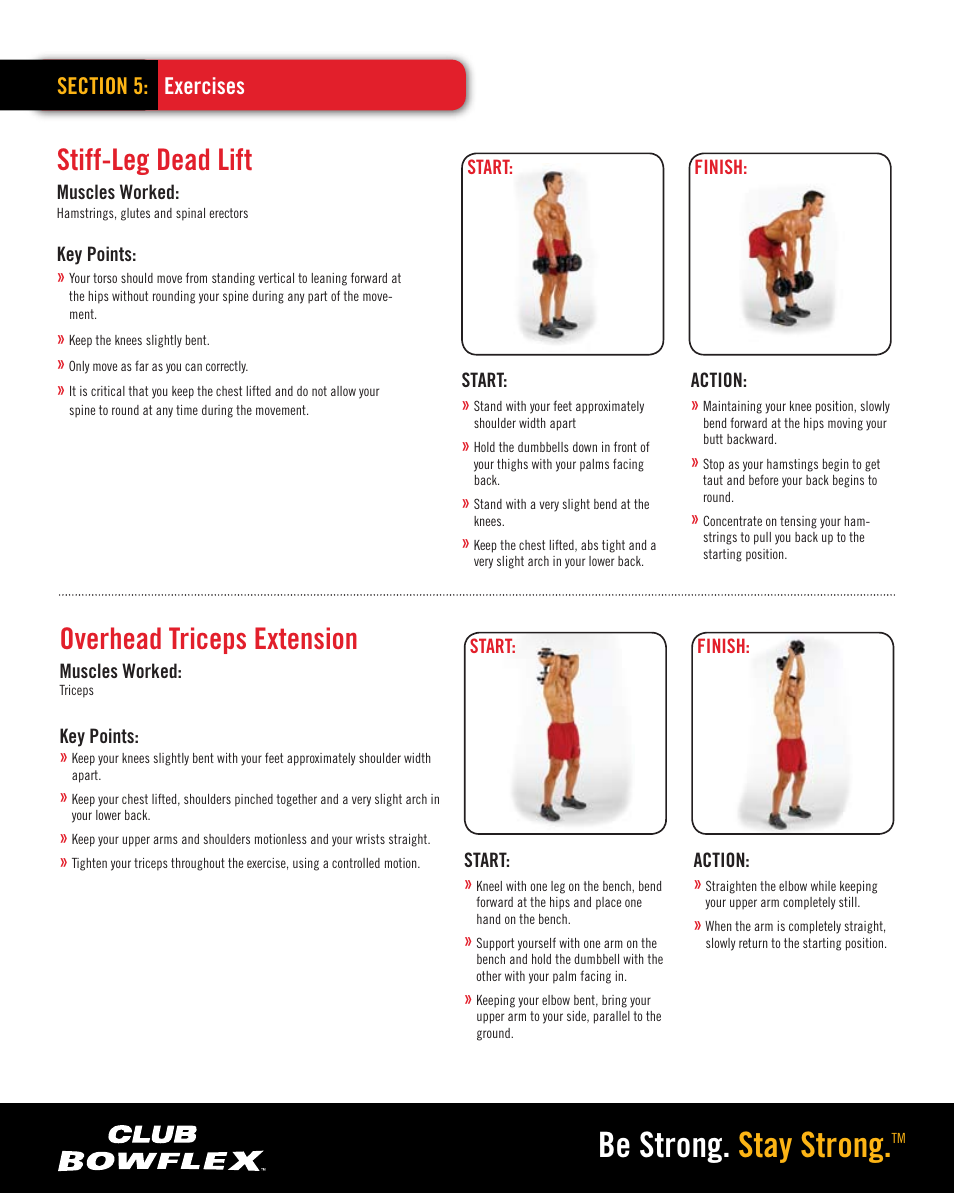 Be strong. stay strong, Overhead triceps extension, Stiff-leg dead lift | Bowflex SELECTTECH 552 User Manual | Page 6 / 7