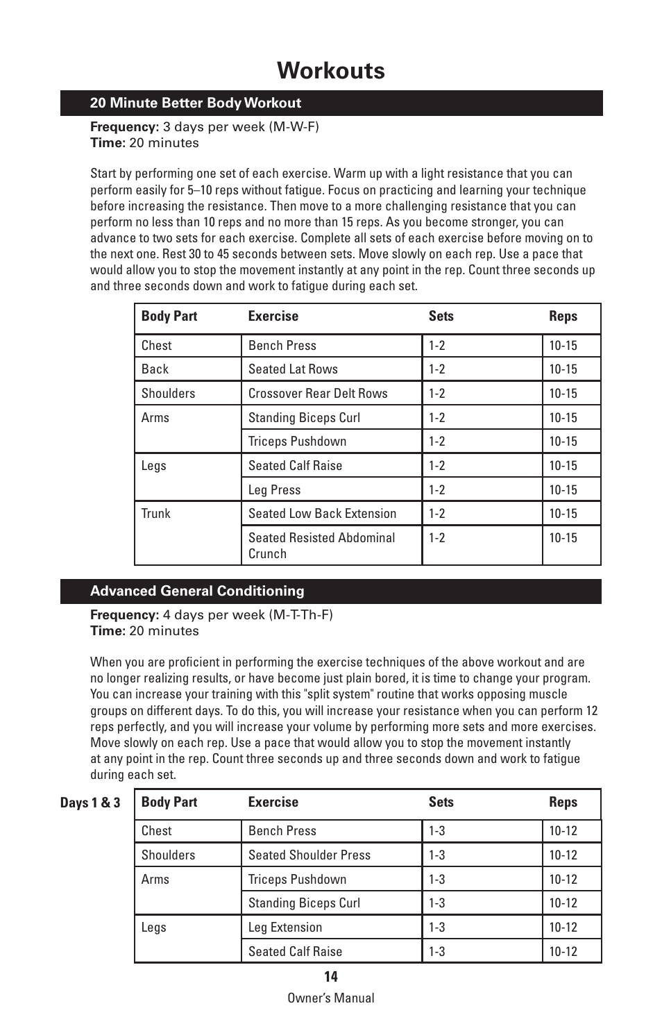 Workouts | Bowflex Classic Home Gym User Manual | Page 14 / 36