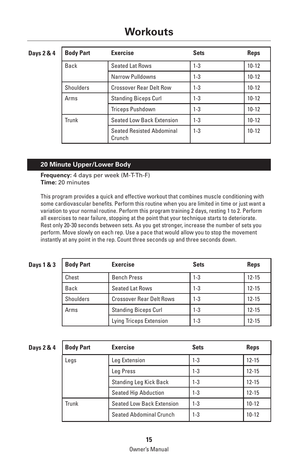 Workouts | Bowflex Classic Home Gym User Manual | Page 15 / 36