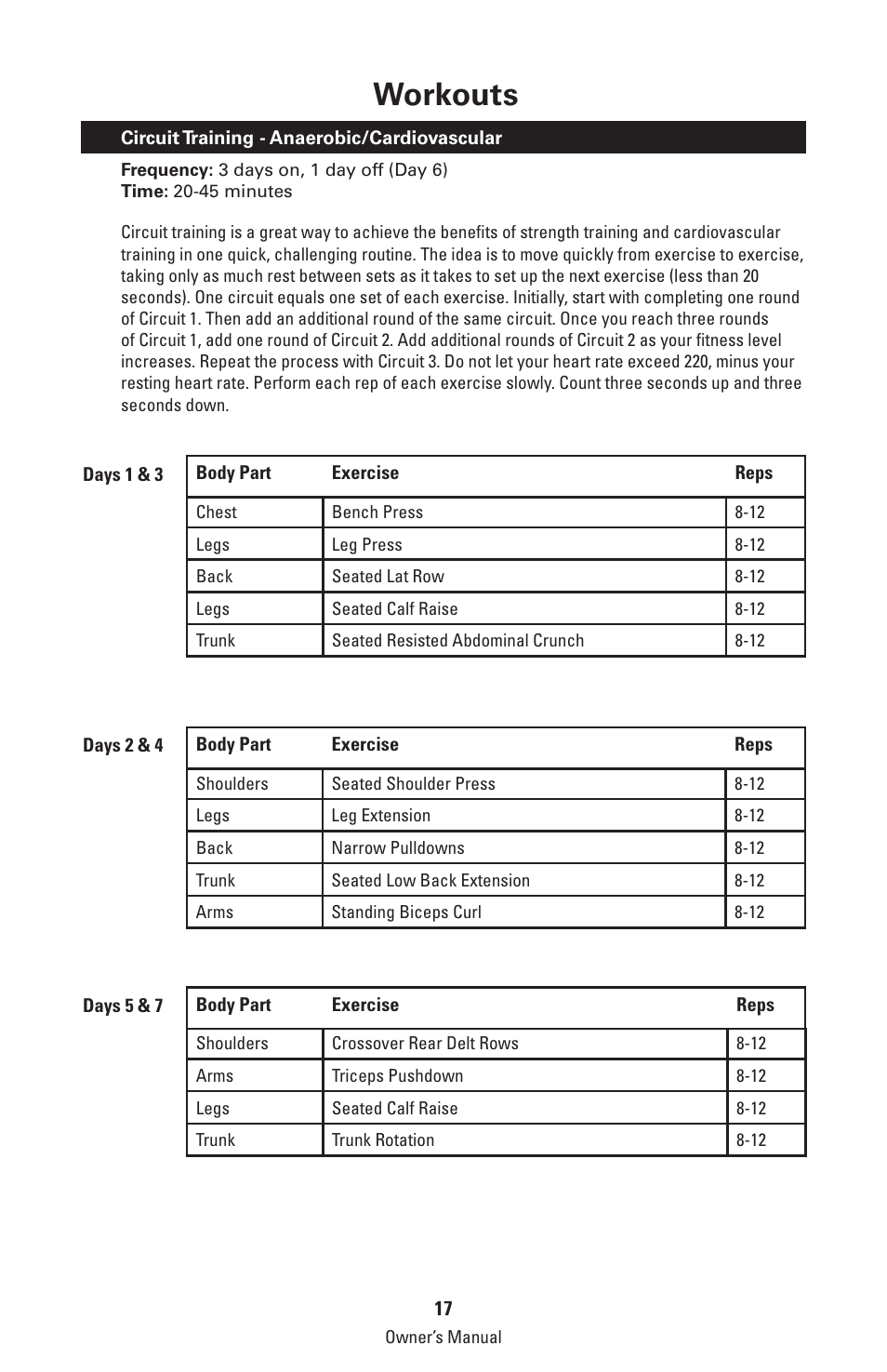 Workouts | Bowflex Classic Home Gym User Manual | Page 17 / 36