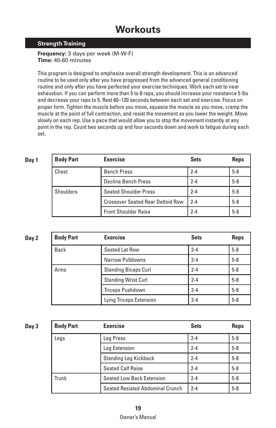 Workouts | Bowflex Classic Home Gym User Manual | Page 19 / 36