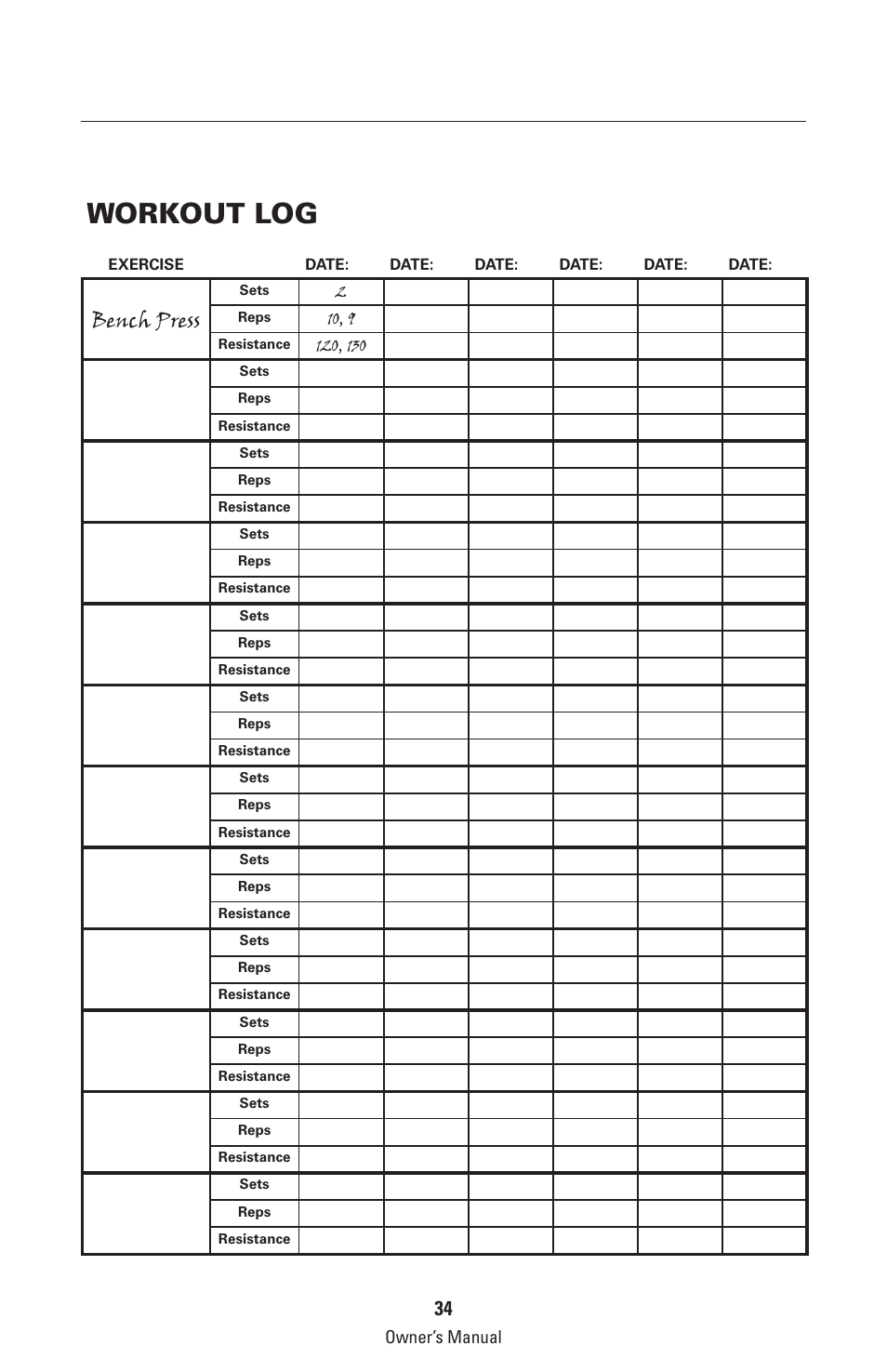 Workout log, Bench press | Bowflex Classic Home Gym User Manual | Page 34 / 36