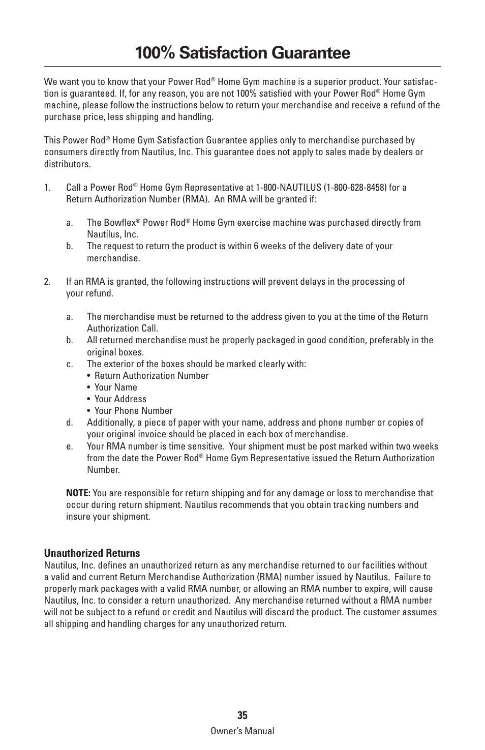 100% satisfaction guarantee, Bench press, Unauthorized returns | Bowflex Classic Home Gym User Manual | Page 35 / 36