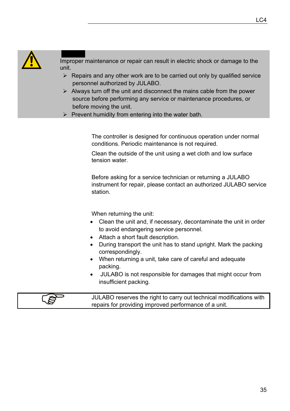 Cleaning / repairing the unit | JULABO LC 4 Temperature controller User Manual | Page 35 / 35