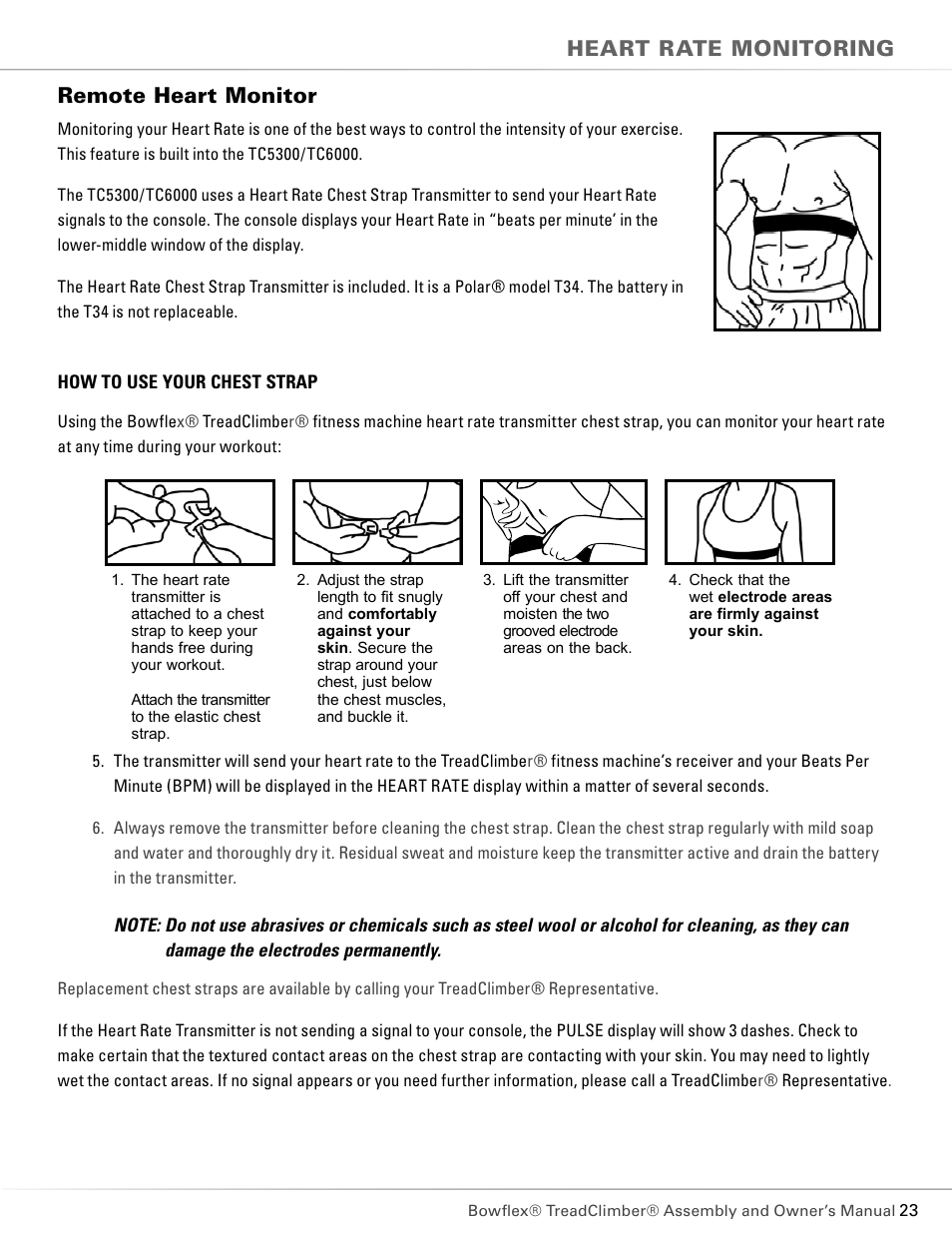 Remote heart monitor, Heart rate monitoring | Bowflex TC5300 User Manual | Page 27 / 76