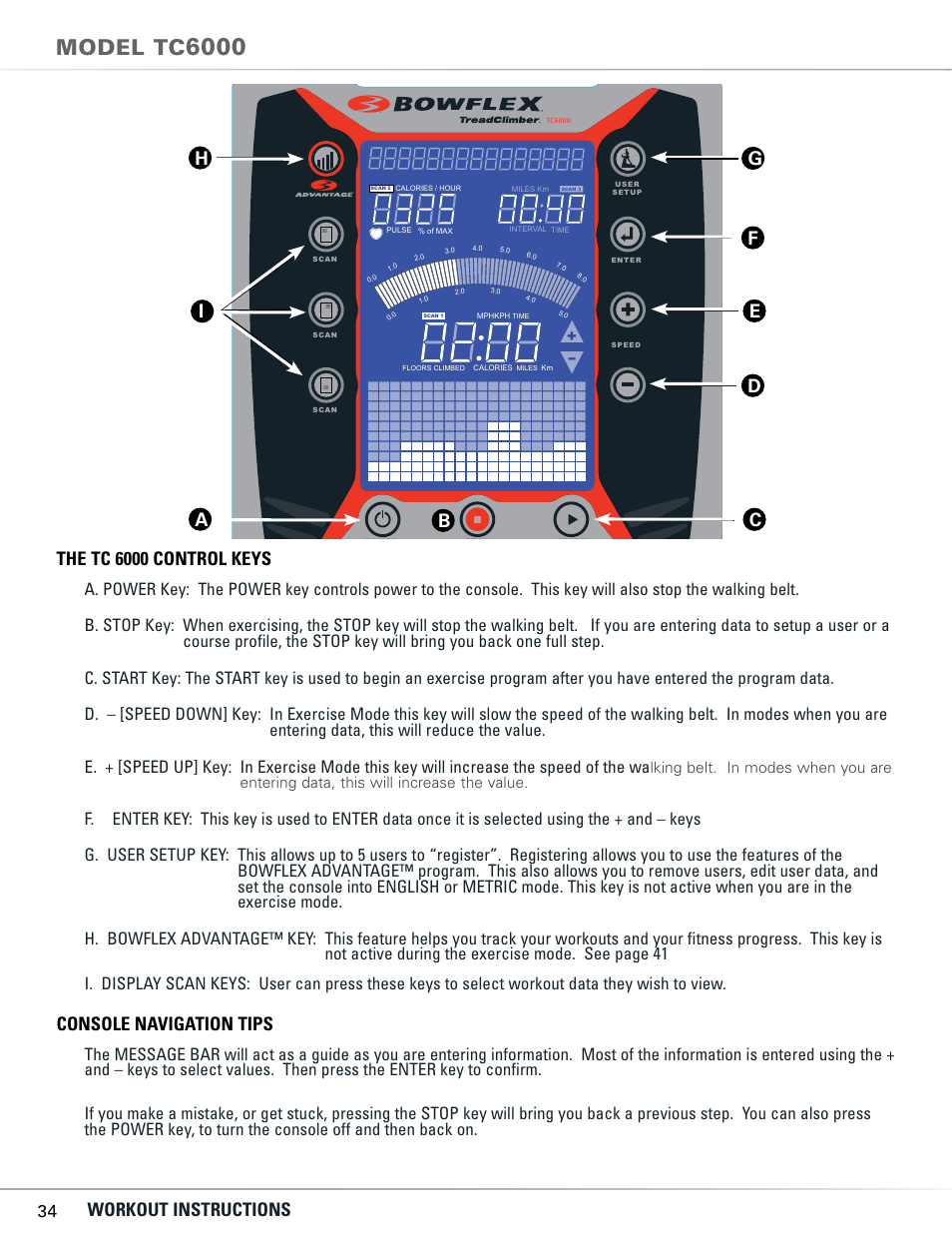 Model tc, Workout instructions, The tc 6000 control keys | Console navigation tips | Bowflex TC5300 User Manual | Page 38 / 76