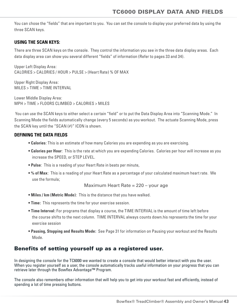 Tc6000 display data and fields | Bowflex TC5300 User Manual | Page 47 / 76