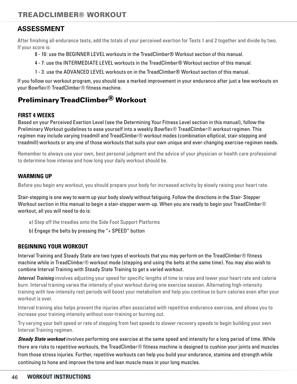 Preliminary treadclimber® workout, Assessment, Treadclimber® workout | Bowflex TC5300 User Manual | Page 50 / 76