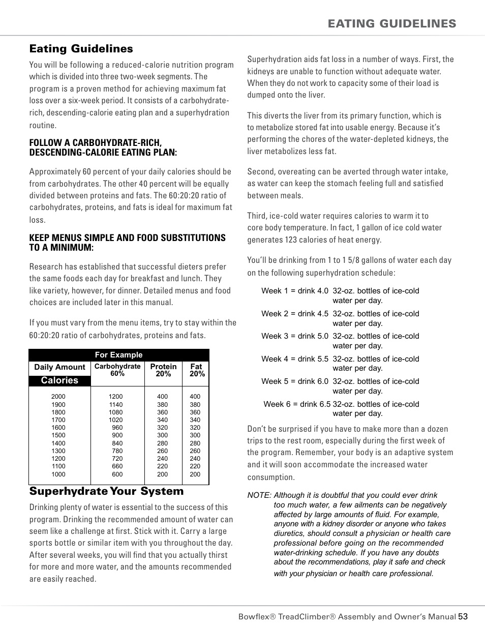 Eating guidelines, Superhydrate your system, Calories | Bowflex TC5300 User Manual | Page 57 / 76