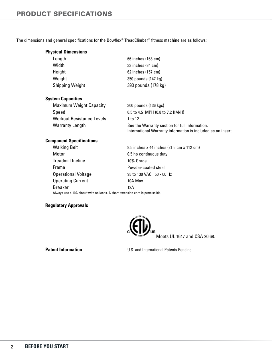 Product specifications | Bowflex TC5300 User Manual | Page 6 / 76