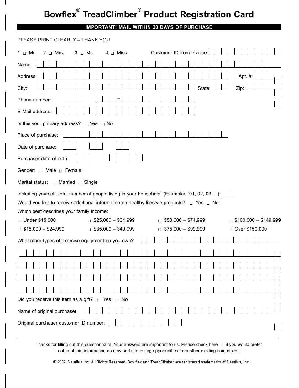 Bowflex, Treadclimber, Product registration card | Bowflex TC5300 User Manual | Page 73 / 76