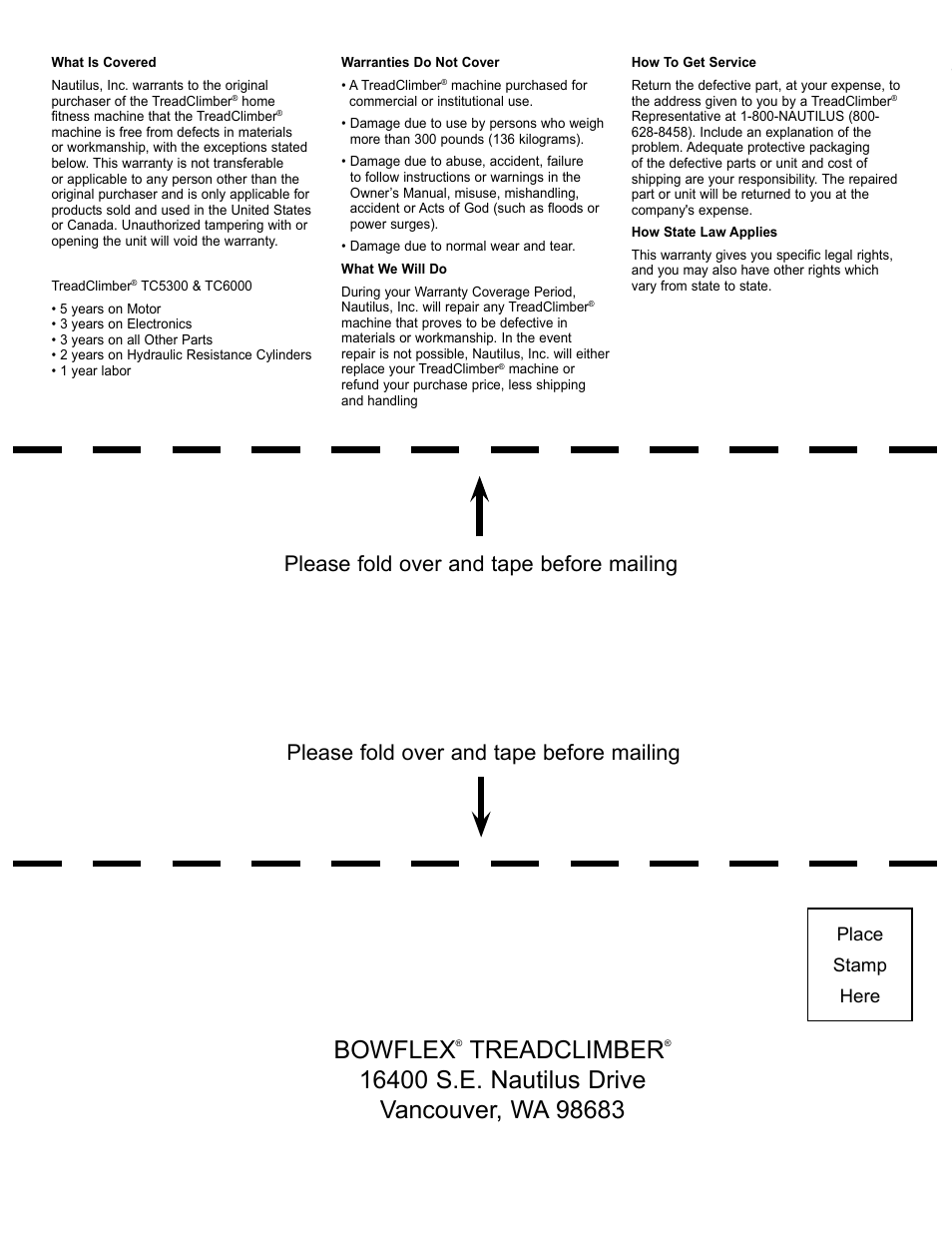 Bowflex, Treadclimber, Please fold over and tape before mailing | Place stamp here | Bowflex TC5300 User Manual | Page 74 / 76