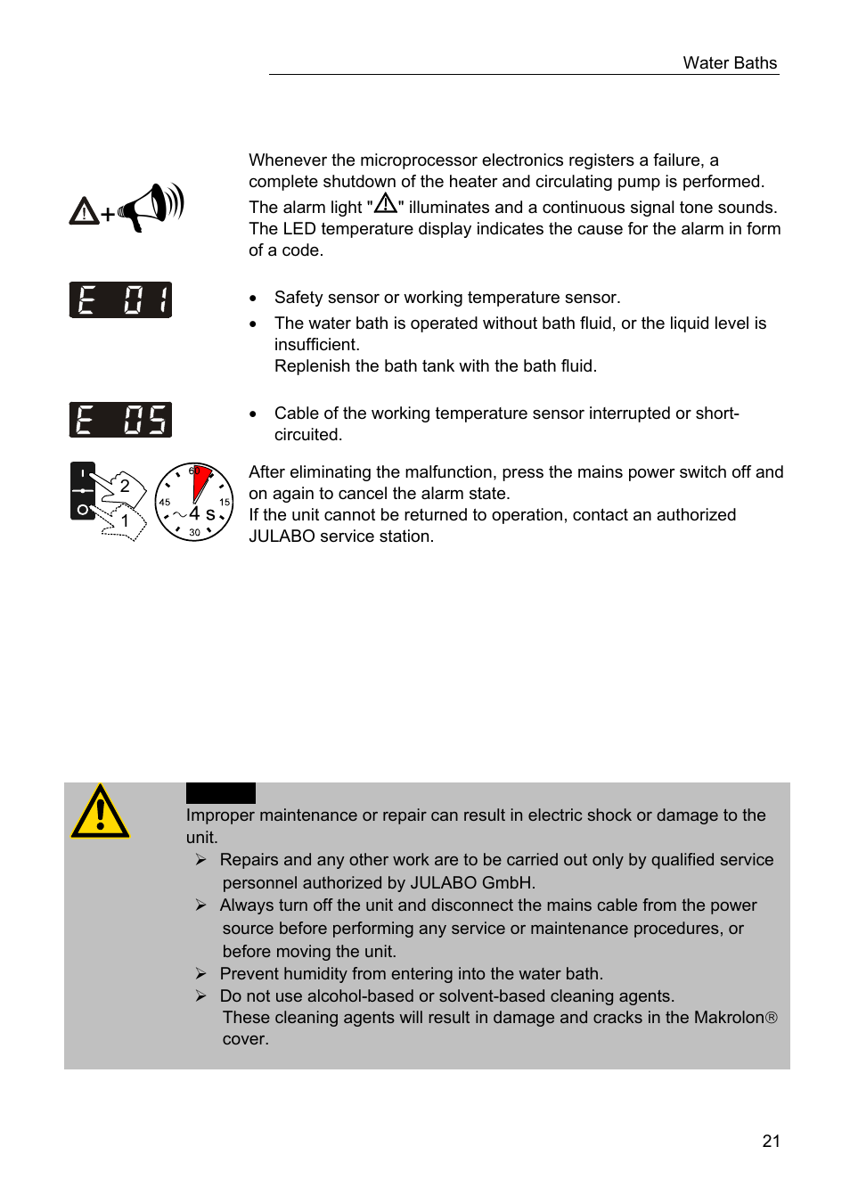 Troubleshooting guide / error messages, Cleaning / repairing the unit | JULABO TW20 Water Baths User Manual | Page 21 / 22