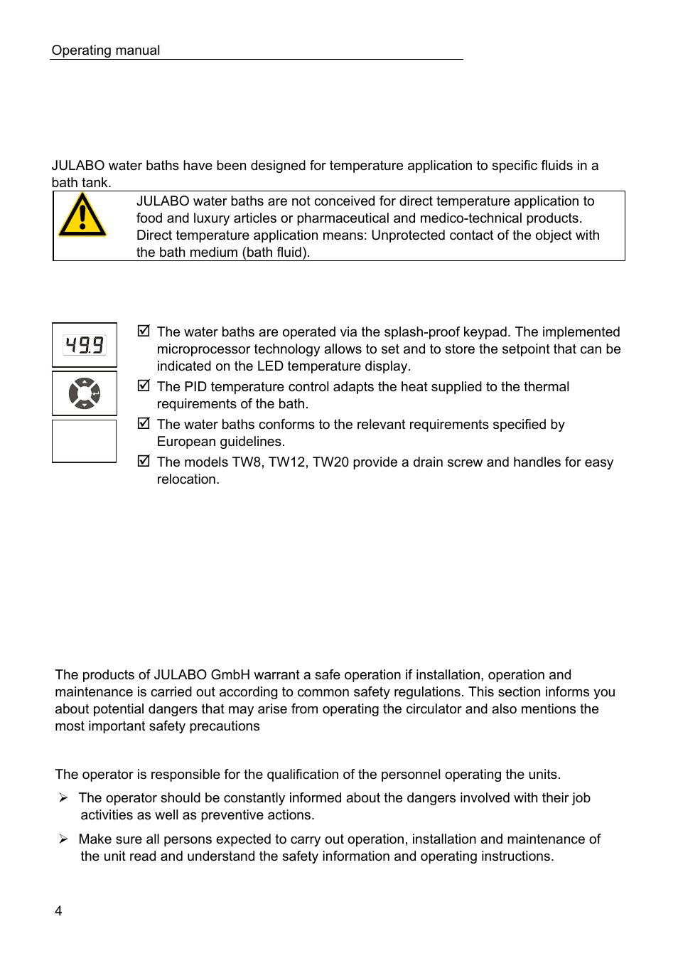 Pid1, Operating manual 1. intended use, Operator responsibility – safety recommendations | JULABO TW20 Water Baths User Manual | Page 4 / 22