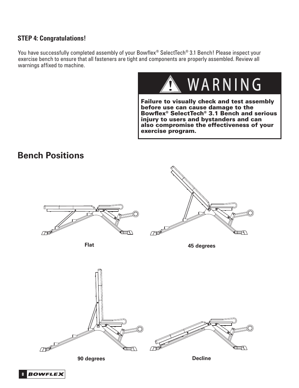Bench positions | Bowflex SelectTech 3.1 Bench User Manual | Page 10 / 16