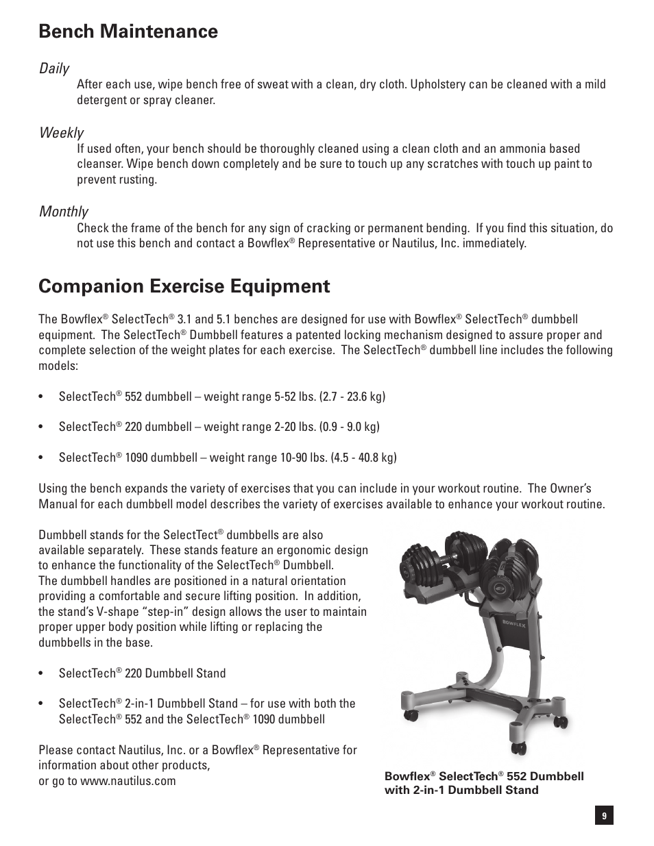 Bench maintenance, Companion exercise equipment, Daily | Weekly, Monthly | Bowflex SelectTech 3.1 Bench User Manual | Page 11 / 16