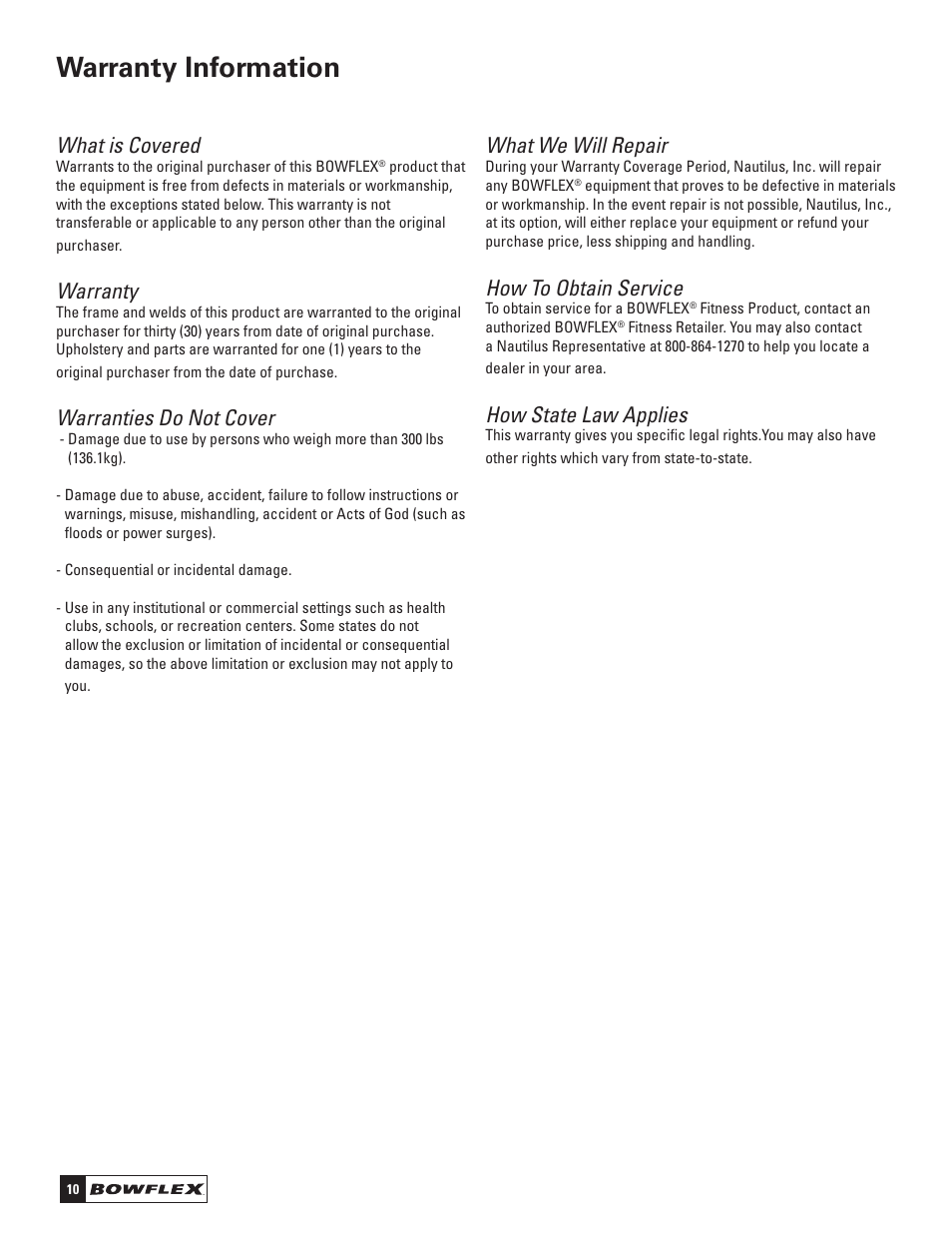 Warranty information, What is covered, Warranty | Warranties do not cover, What we will repair, How to obtain service, How state law applies | Bowflex SelectTech 3.1 Bench User Manual | Page 12 / 16