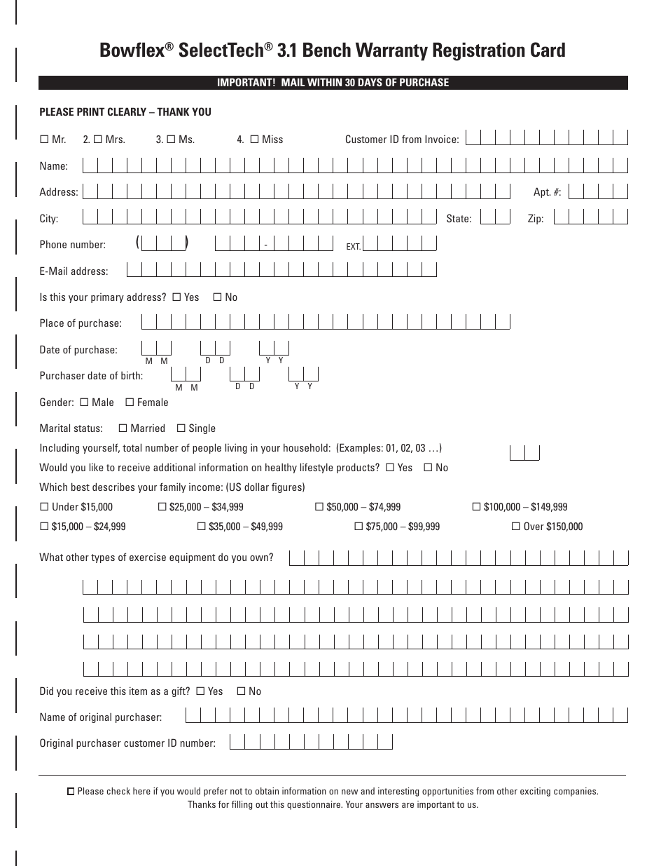 Bowflex, Selecttech, 1 bench warranty regstraton card | Bowflex SelectTech 3.1 Bench User Manual | Page 13 / 16