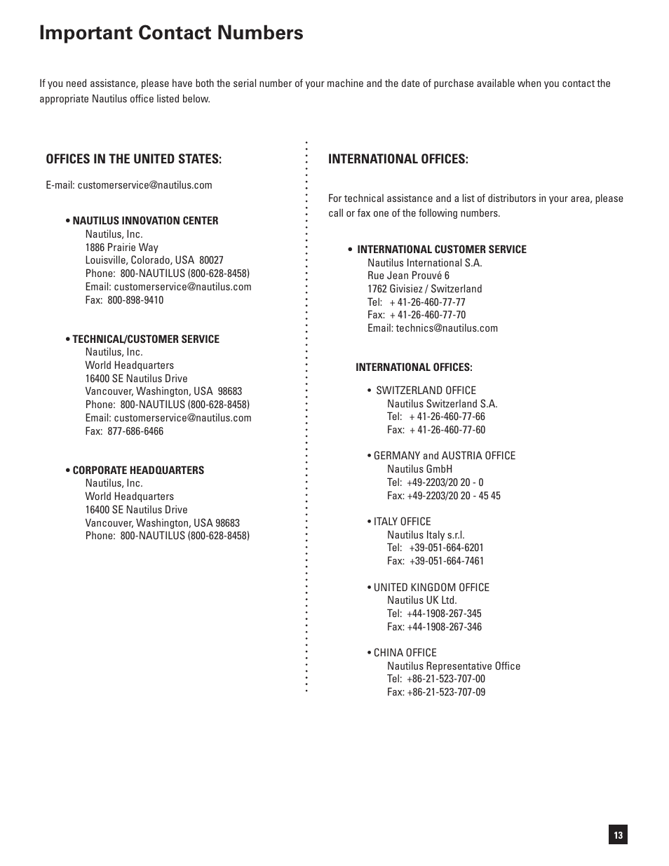 Important contact numbers | Bowflex SelectTech 3.1 Bench User Manual | Page 15 / 16