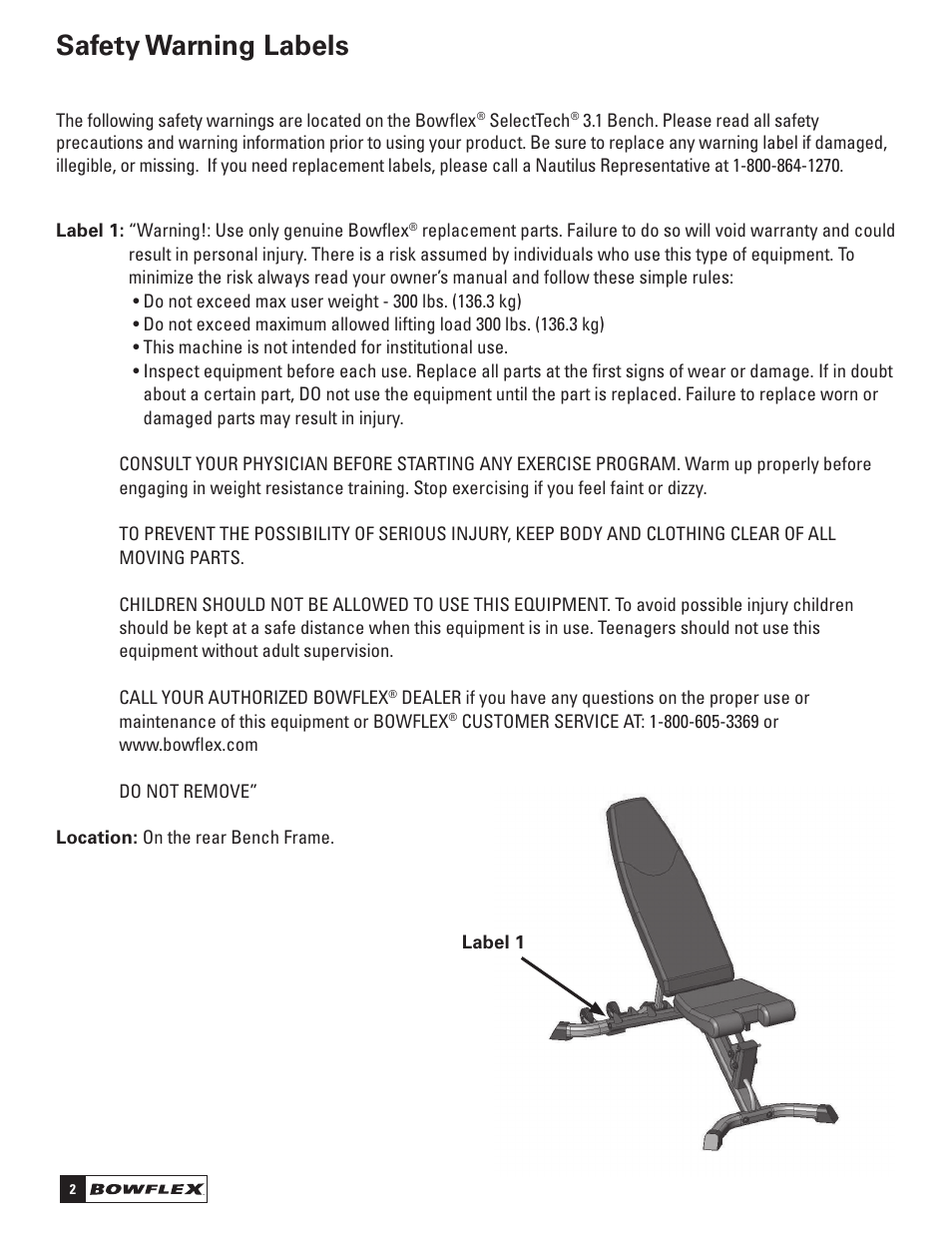 Safety warning labels | Bowflex SelectTech 3.1 Bench User Manual | Page 4 / 16