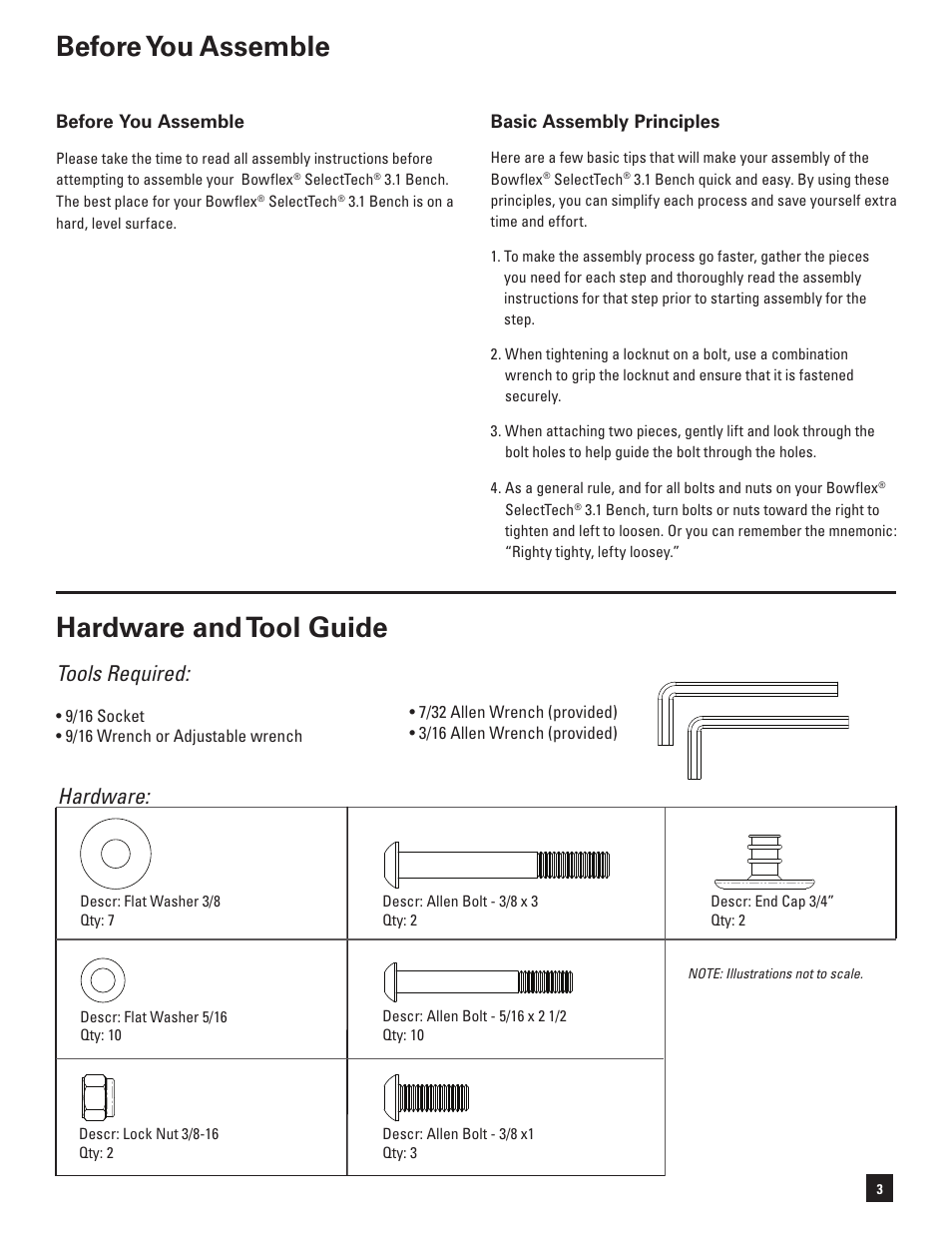 Hardware and tool guide before you assemble, Tools required, Hardware | Bowflex SelectTech 3.1 Bench User Manual | Page 5 / 16