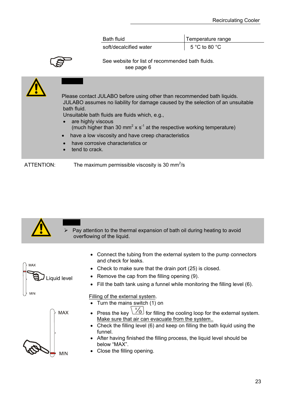 Filling | JULABO SC 10000w Eco-Series Recirculating Coolers User Manual | Page 23 / 48