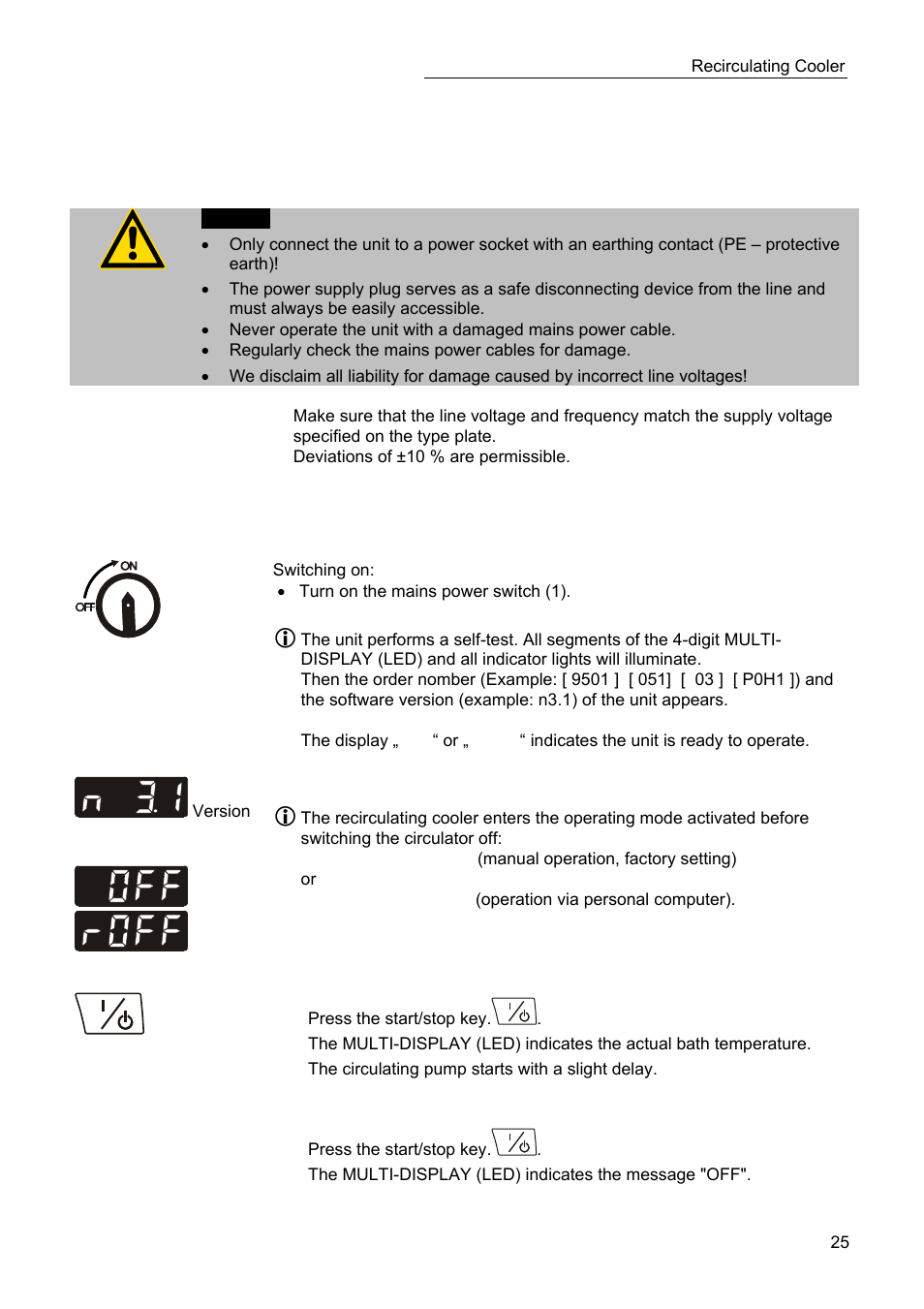 Operating procedures, Power connection, Switching on / start - stop | JULABO SC 10000w Eco-Series Recirculating Coolers User Manual | Page 25 / 48