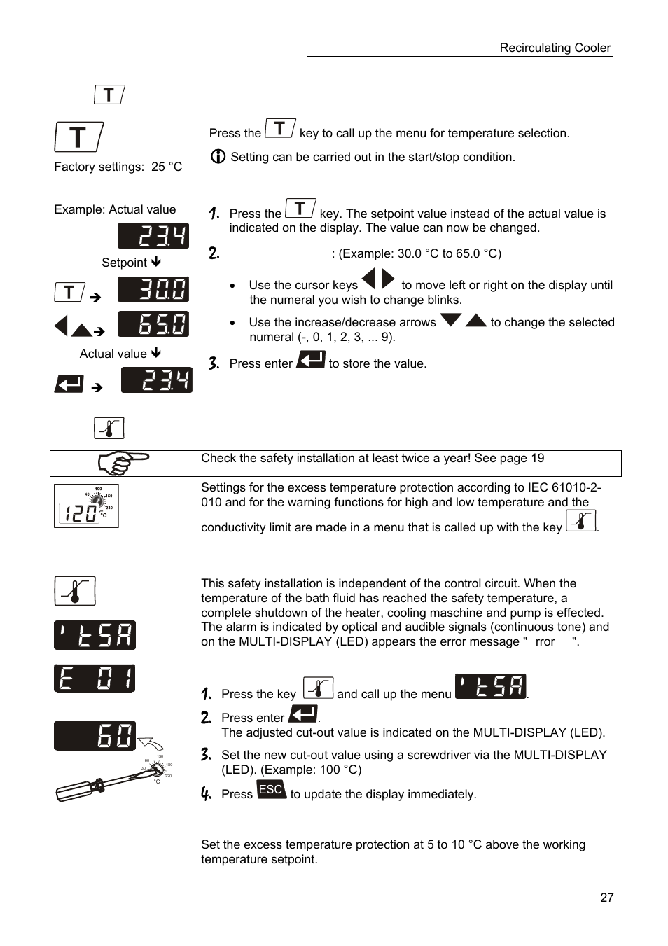 Setting the temperatures, Safety installations, warning functions, Excess temperature protection | JULABO SC 10000w Eco-Series Recirculating Coolers User Manual | Page 27 / 48