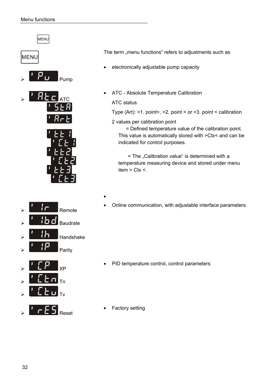 Menu functions | JULABO SC 10000w Eco-Series Recirculating Coolers User Manual | Page 32 / 48